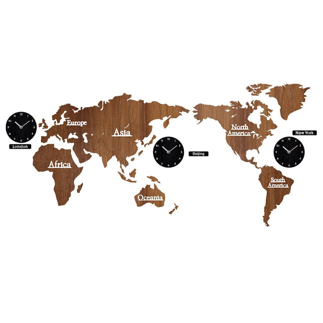 Hölzerne Weltkarten-Wanduhr mit Zeitzonen