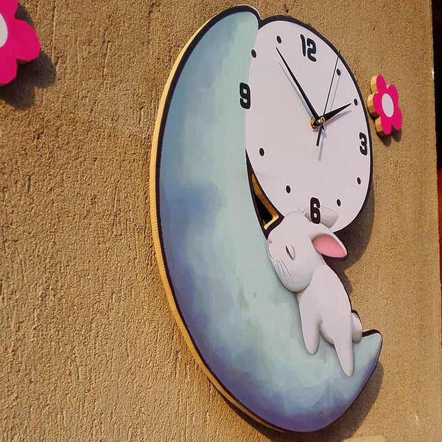 Süße Kinderzimmer Wanduhr Hase auf Mond