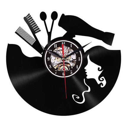 Friseur Schallplattenuhr mit Fön und Schere