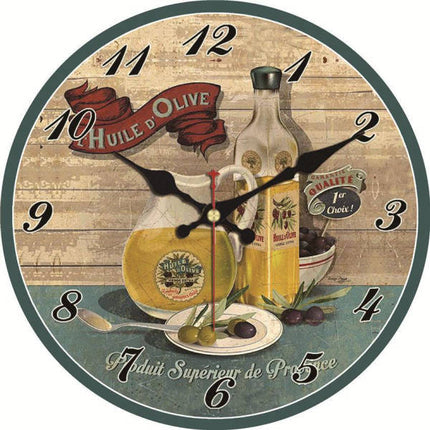 Mediterrane Küchenuhr mit Olivenöl-Motiv