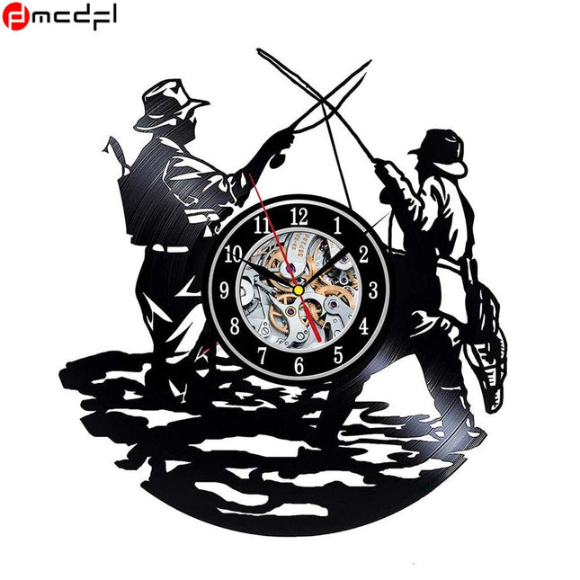 Schallplattenuhr mit Angelmotiv für Angler