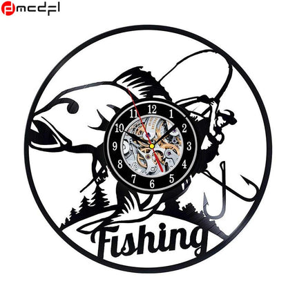 Schallplattenuhr mit Angelmotiv für Angler