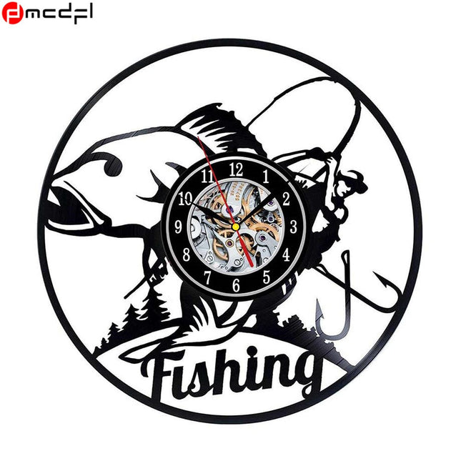 Schallplattenuhr mit Angelmotiv für Angler