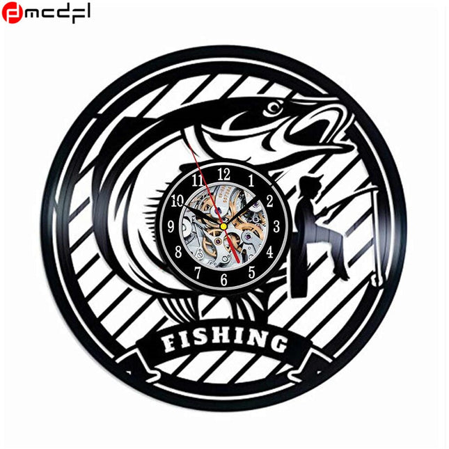 Schallplattenuhr mit Angelmotiv für Angler