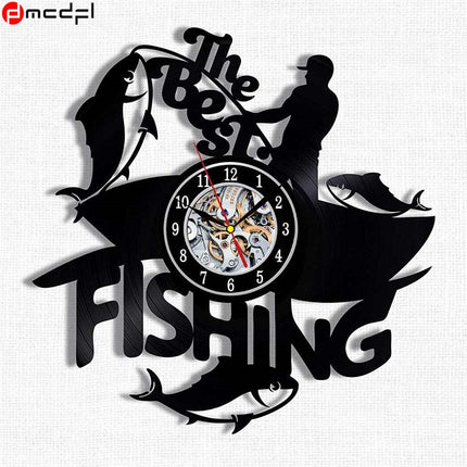 Schallplattenuhr mit Angelmotiv für Angler