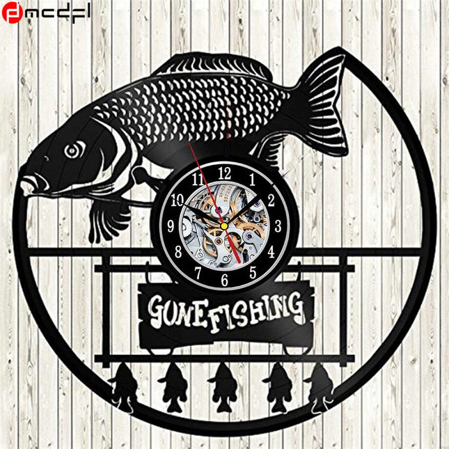Schallplattenuhr mit Angelmotiv für Angler