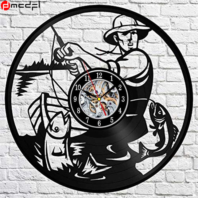 Schallplattenuhr mit Angelmotiv für Angler