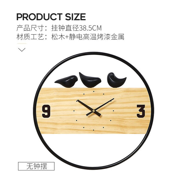 Design Wanduhr Holz mit Vögeln Gold