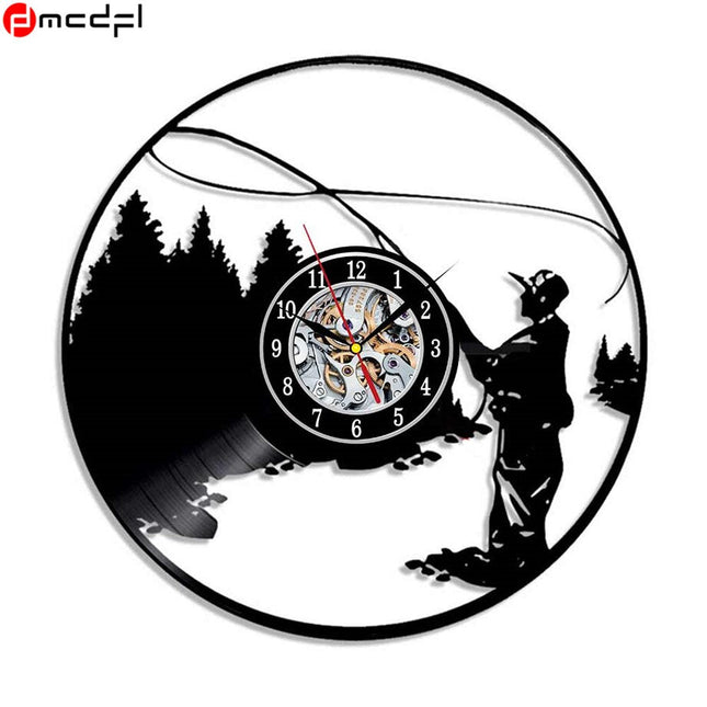 Schallplattenuhr mit Angelmotiv für Angler