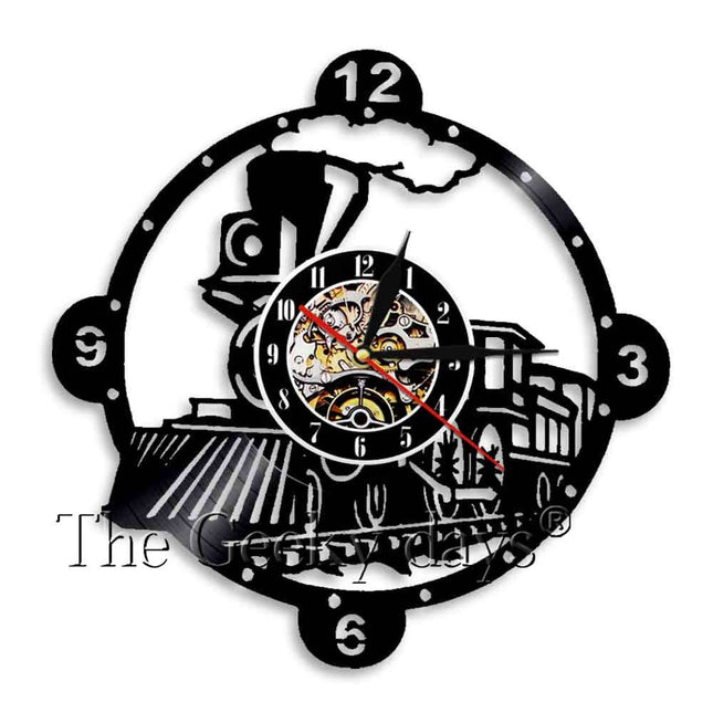 Schallplattenuhr mit Lokomotive Zug Motiv