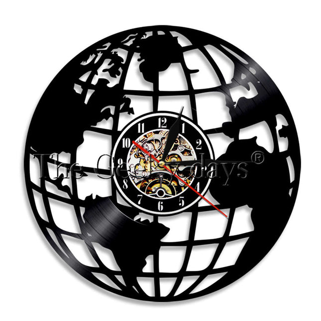 Schallplattenuhr mit Weltkarten-Design