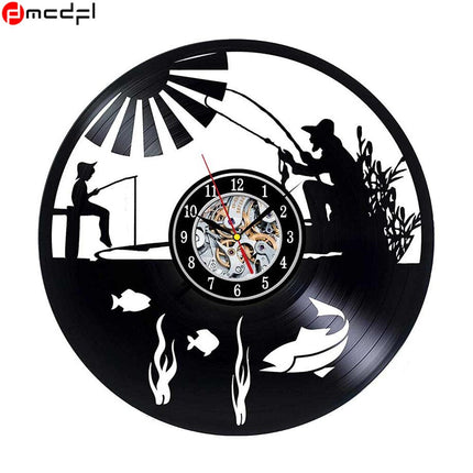 Schallplattenuhr mit Angelmotiv für Angler