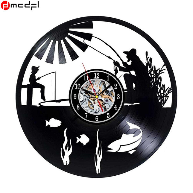 Schallplattenuhr mit Angelmotiv für Angler