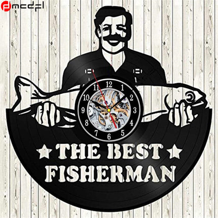 Schallplattenuhr mit Angelmotiv für Angler