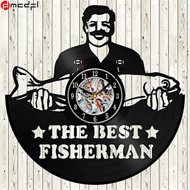 Schallplattenuhr mit Angelmotiv für Angler