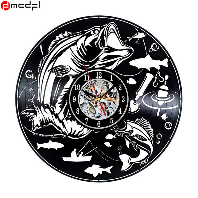 Schallplattenuhr mit Angelmotiv für Angler