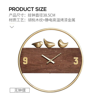 Design Wanduhr Holz mit Vögeln Gold