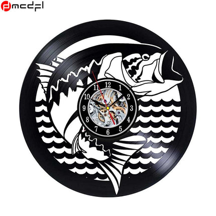 Schallplattenuhr mit Angelmotiv für Angler