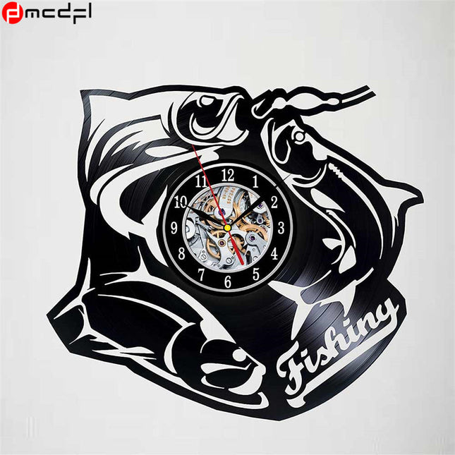 Schallplattenuhr mit Angelmotiv für Angler