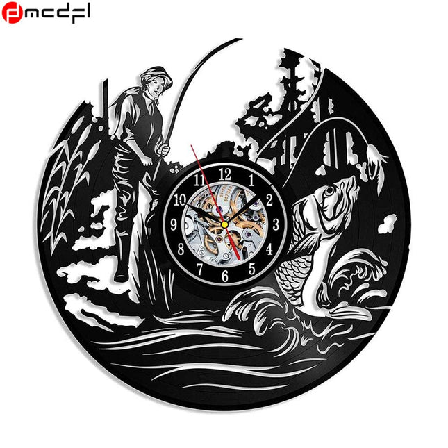 Schallplattenuhr mit Angelmotiv für Angler