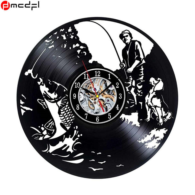 Schallplattenuhr mit Angelmotiv für Angler