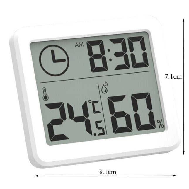 Weiße digitale Tischuhr mit Thermometer