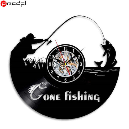 Schallplattenuhr mit Angelmotiv für Angler
