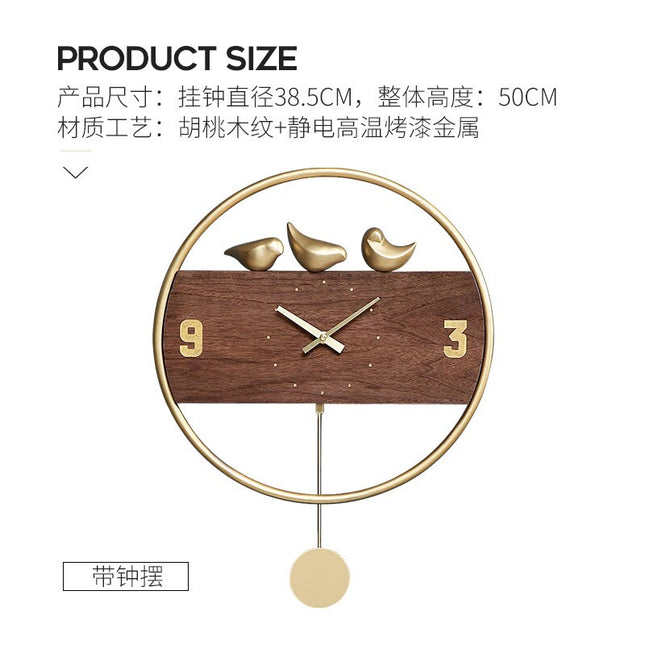 Design Wanduhr Holz mit Vögeln Gold