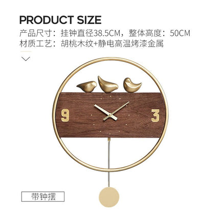 Design Wanduhr Holz mit Vögeln Gold