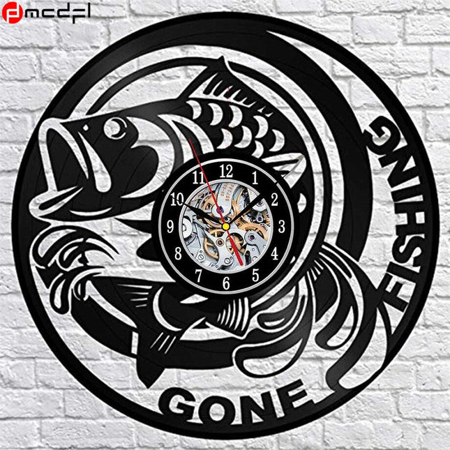 Schallplattenuhr mit Angelmotiv für Angler