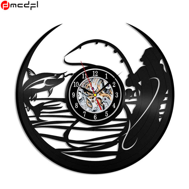 Schallplattenuhr mit Angelmotiv für Angler
