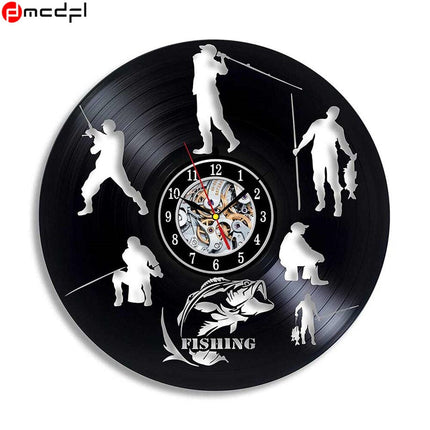 Schallplattenuhr mit Angelmotiv für Angler