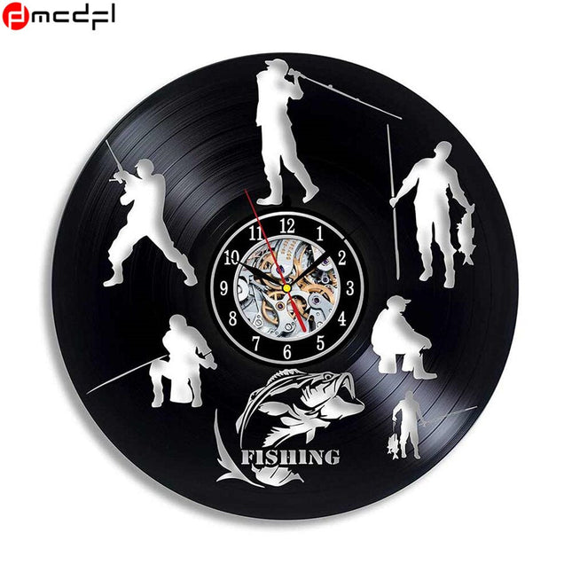 Schallplattenuhr mit Angelmotiv für Angler