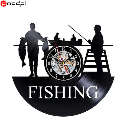 Schallplattenuhr mit Angelmotiv für Angler
