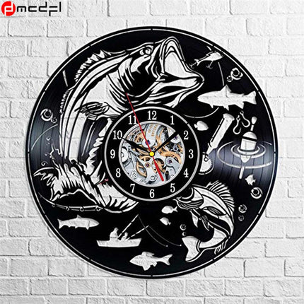Schallplattenuhr mit Angelmotiv für Angler