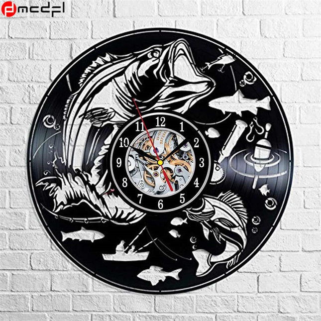 Schallplattenuhr mit Angelmotiv für Angler