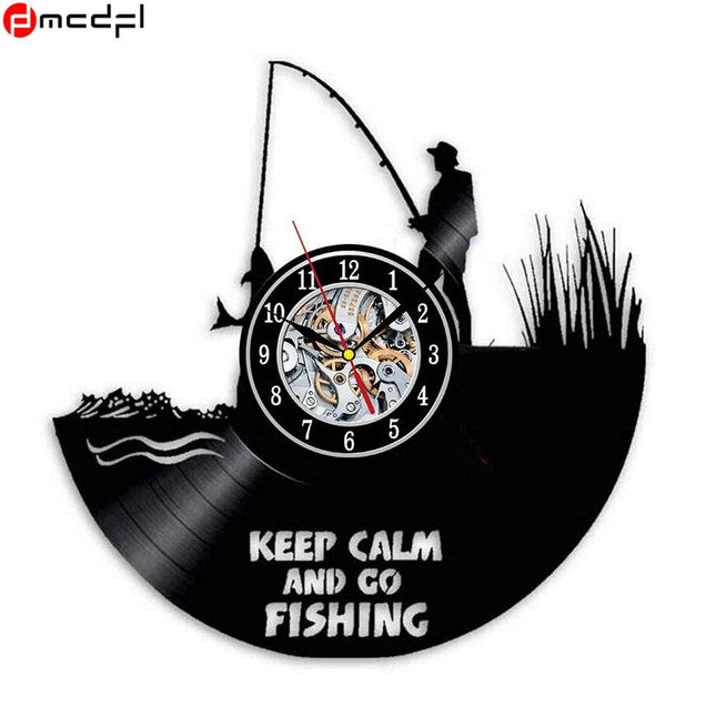 Schallplattenuhr mit Angelmotiv für Angler