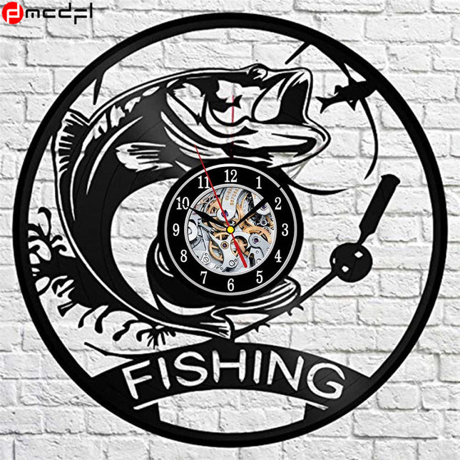 Schallplattenuhr mit Angelmotiv für Angler