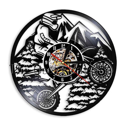 Wanduhr aus Schallplatte mit Motorrad-Motiv