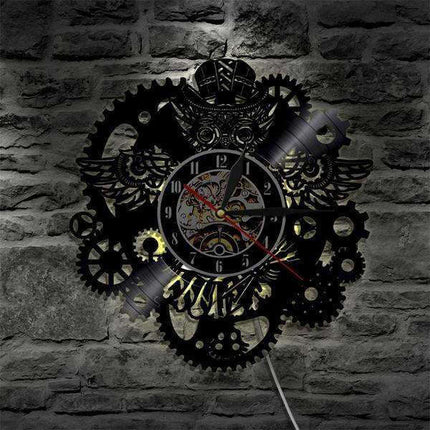 LED Steampunk Wanduhr Eule Zahnräder