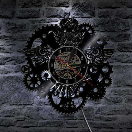 LED Steampunk Wanduhr Eule Zahnräder