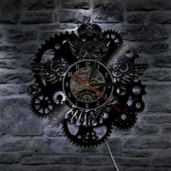 LED Steampunk Wanduhr Eule Zahnräder