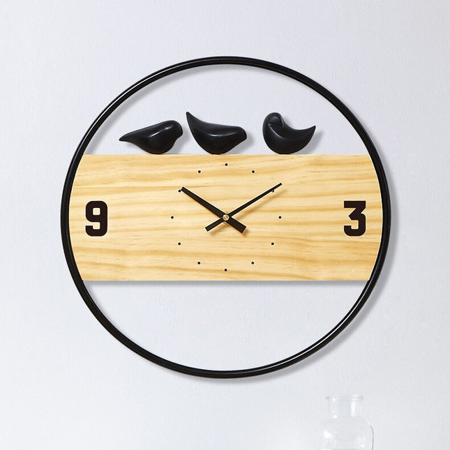 Design Wanduhr Holz mit Vögeln Gold