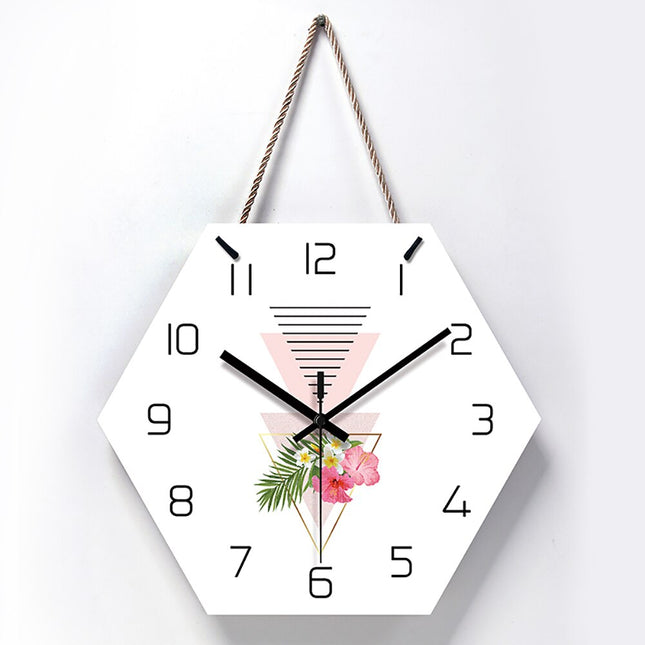 Geometrische Wanduhr Holz mit Blumen