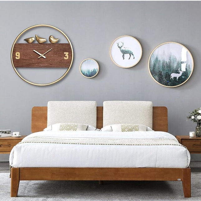 Design Wanduhr Holz mit Vögeln Gold