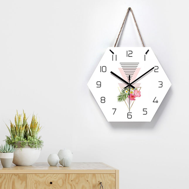 Geometrische Wanduhr Holz mit Blumen