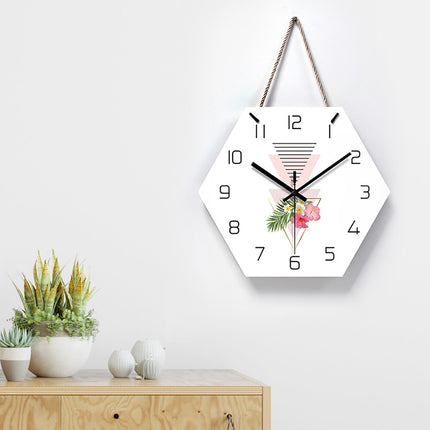 Geometrische Wanduhr Holz mit Blumen