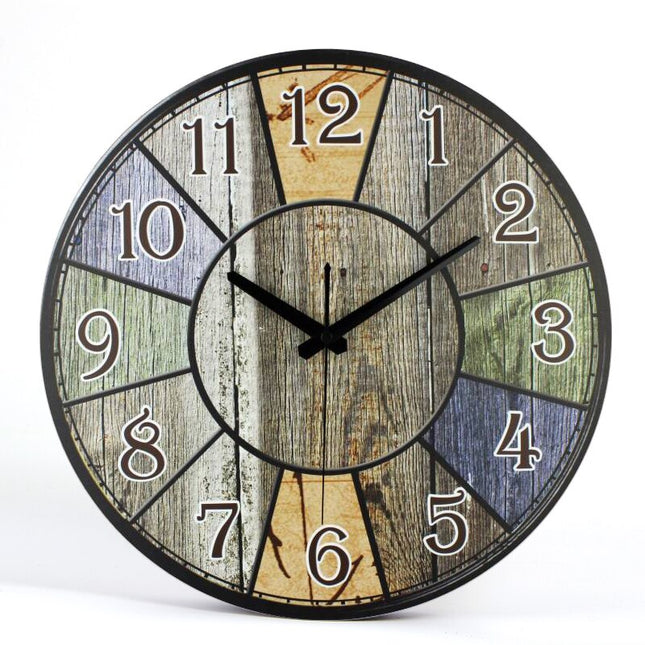 Runde Vintage Wanduhr in bunter Holzoptik