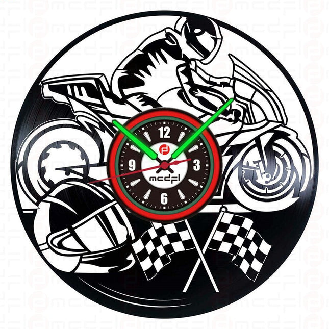 Motorrad Wanduhr Schallplatte rot grün
