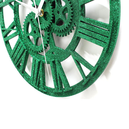 Grüne Glitzer Wanduhr mit Zahnrädern